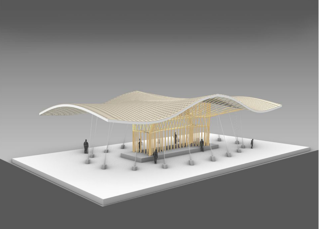 Modular parametric pavilion design 'Bamboo Tree Pavilion' by Pranav Raghavan, featuring organic roof geometry and urban-friendly structure created using BeeGraphy